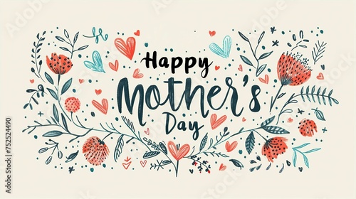 Happy Mother's Day written in stylish typography with flowers accents hand drawn strokes and dots, heart in pastel colors. Vintage card design in abstract lines painting photo