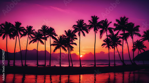 Imagine a vibrant tropical sunset painting the sky with hues of orange, pink, and purple. Palm trees silhouette against the vivid backdrop, creating a paradise scene © Farhan
