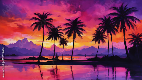 Imagine a vibrant tropical sunset painting the sky with hues of orange  pink  and purple. Palm trees silhouette against the vivid backdrop  creating a paradise scene