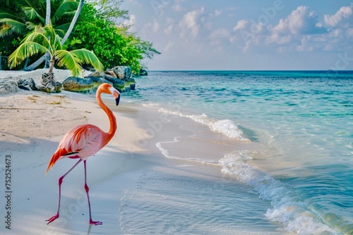 Summer day on the ocean with pink flamingo and palm trees in the background