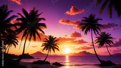 Imagine a vibrant tropical sunset painting the sky with hues of orange, pink, and purple. Palm trees silhouette against the vivid backdrop, creating a paradise scene © Farhan
