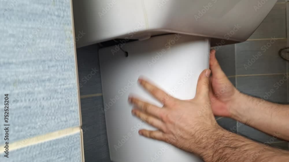 A plumber installs a half-column under a bathroom sink. Plumber's hands installing the ceramic semi-column under the washbasin. Concept of small repairs in home, housekeeping, DIY, maintenance, crafts A plumber installs a half-column under a bathroom sink. Plumber's hands installing the ceramic semi-column under the washbasin. Concept of small repairs in home, housekeeping, DIY, maintenance, crafts