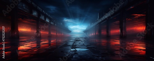 Dark empty space, blue and red neon spotlight, wet asphalt, smoke, night view industrial, rays. Abstract dark texture of an empty background with copy space mock up design