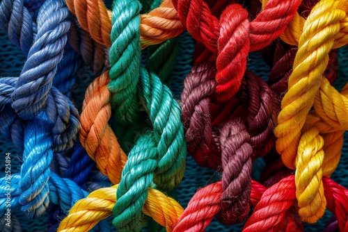 Rope with a knot as a concept of diverse strength, partnership, teamwork and network