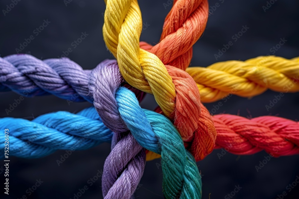 Rope with a knot as a concept of diverse strength, partnership, teamwork and network Rope with a knot as a concept of diverse strength, partnership, teamwork and network