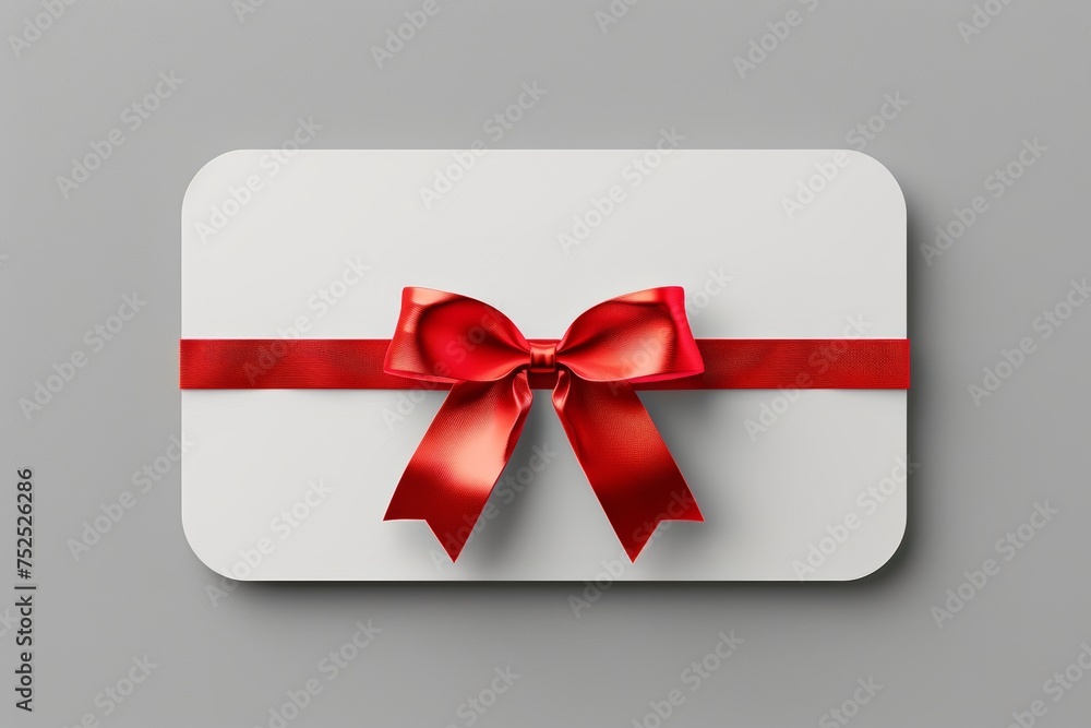 Mockup of a blank white gift card with round edges, with red ribbon bow Mockup of a blank white gift card with round edges, with red ribbon bow