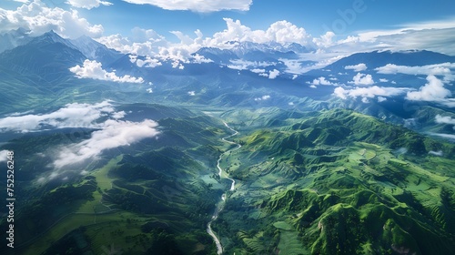 An awe-inspiring aerial view showcasing the splendor of nature and the importance of eco-friendly environments, with expansive mountains, verdant landscapes