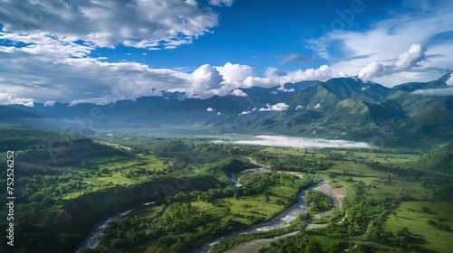 An awe-inspiring aerial view showcasing the splendor of nature and the importance of eco-friendly environments, with expansive mountains, verdant landscapes