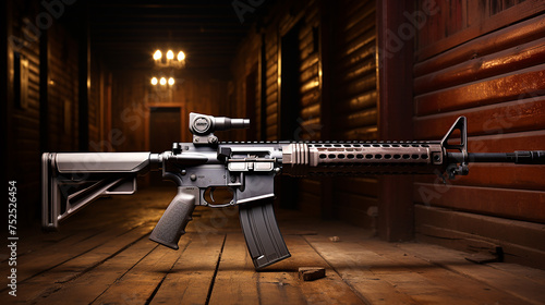 automatic carbine on the wooden floor photo photo