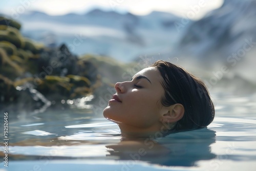 A young woman immersed in relaxation, enjoying a spa experience in the soothing hot springs of Iceland, her eyes closed in bliss as she leans back in the warm thermal water