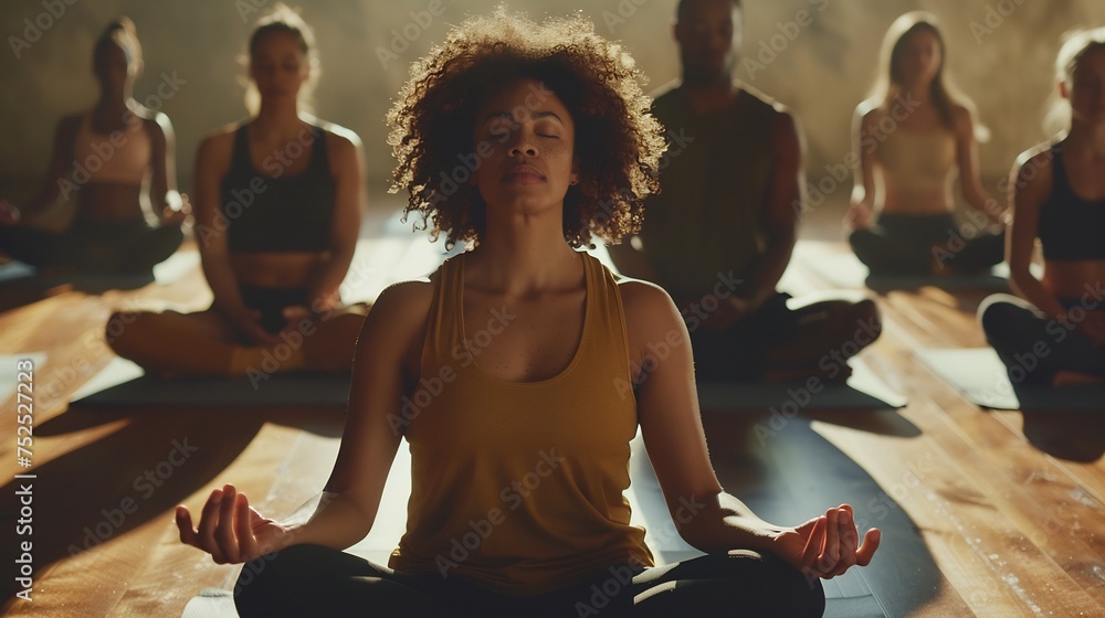 A tranquil scene capturing a group meditation session at a sports club, with participants gathered in a yoga studio, - obrazy, fototapety, plakaty 