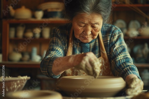 Close-up of concentrated Asian craftswoman in apron sitting at pottery wheel and using craft tool while shaping wet clay vessel