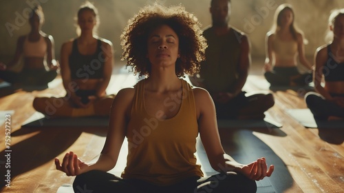 A tranquil scene capturing a group meditation session at a sports club, with participants gathered in a yoga studio,