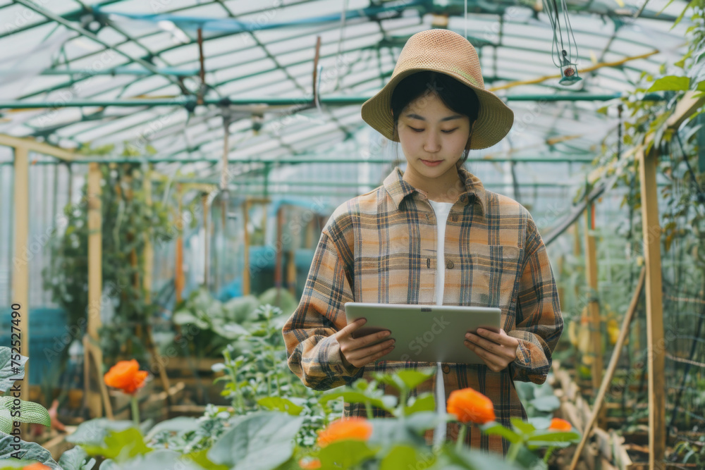 Obraz premium female farmer using tablet in greenhouse