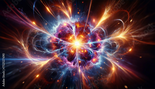  A vibrant cosmic explosion with swirling energy and radiant lights, representing a supernova or big bang, AI-generated.