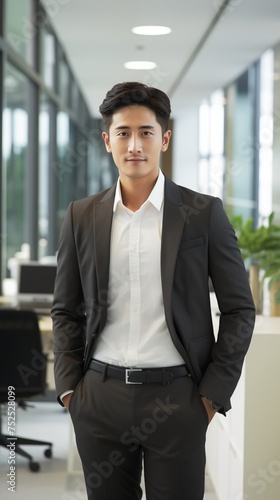 Portrait of modern professional Asian man in business suit on office background