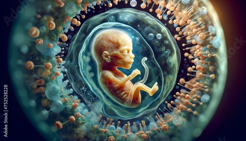 Little human baby inside mother womb. Small embryo in uterus. 3d visualization fetal growth restriction for medical and study photo