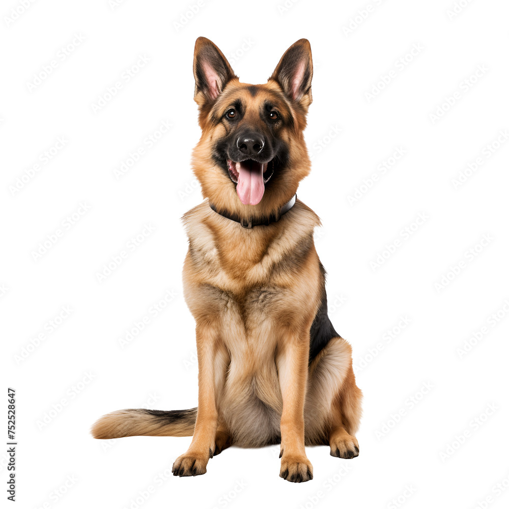 Full Body Portrait of a Happy German Shepherd Dog Sitting, Isolated on Transparent Background, PNG
