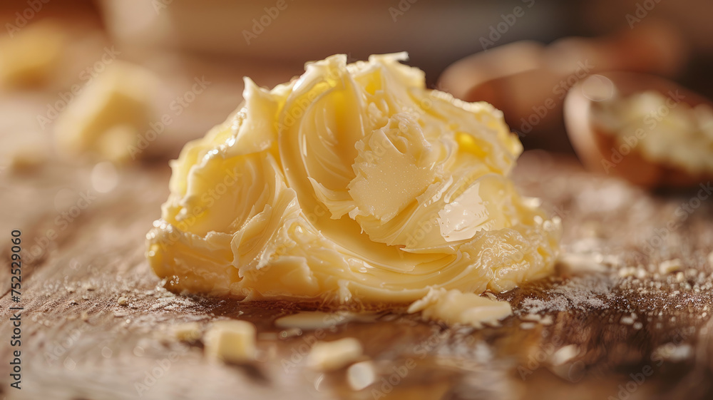 A close-up of butter on a wooden surface. A close-up of butter on a wooden surface.