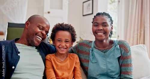 Happy, portrait and black family on sofa in home to relax on vacation of holiday together in South Africa. Parents, hug and smile with child on couch in lounge on weekend for bonding and break photo