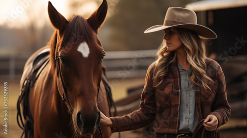 A blonde woman in a hat and riding clothes stands next to a brown horse on a farm. © Yury Fedyaev