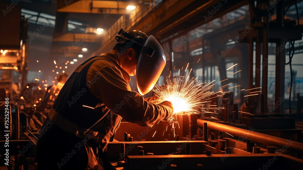 A professional welder welds a complex structure at a factory. A professional welder welds a complex structure at a factory.