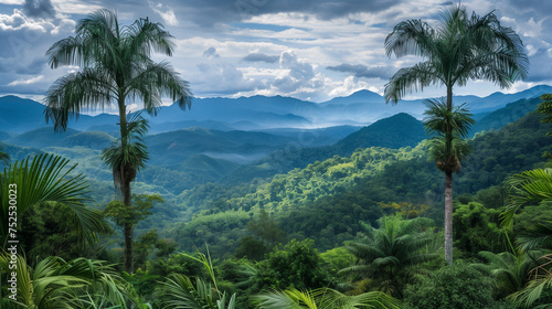 A view of a palm tree forest with mountains in the background