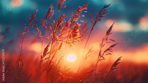 A field of tall grasses sways gently in the warm light of sunset