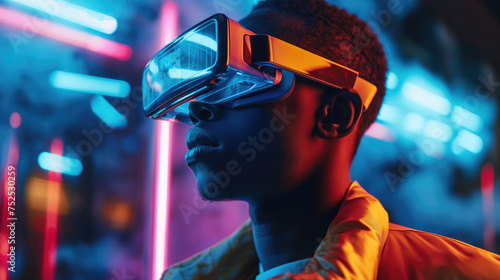 A man in virtual reality glasses explores virtual worlds. #752530259
