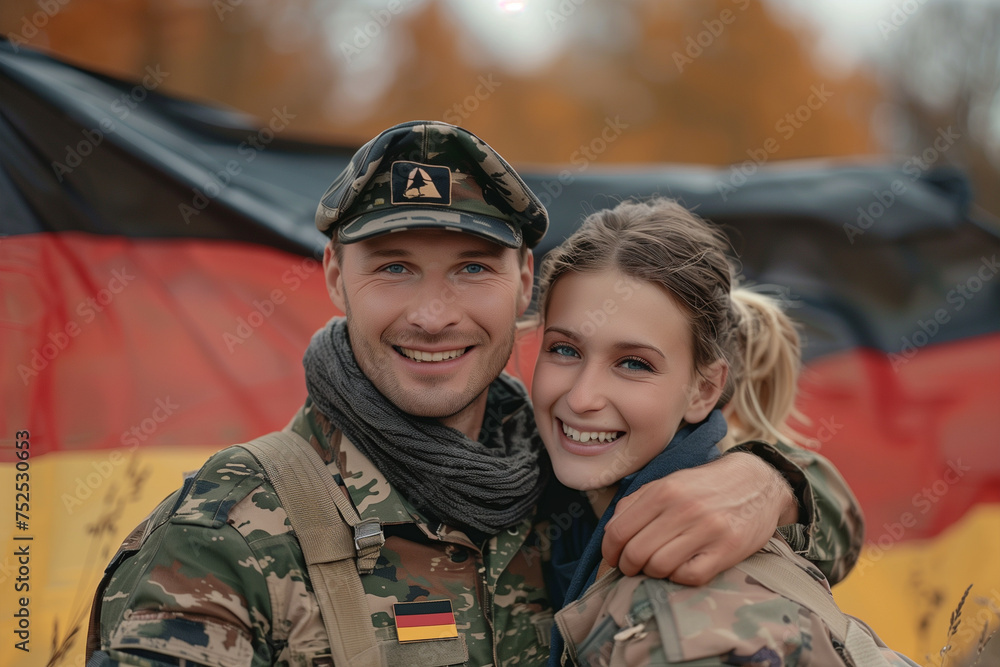 Military man and woman posing in front of Germany flag Military man and woman posing in front of Germany flag