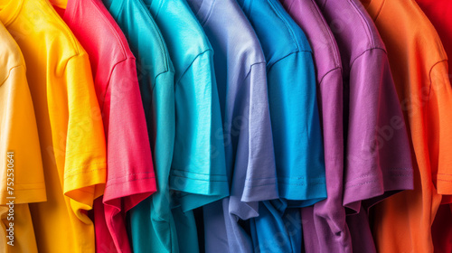 A row of colorful T-shirts.