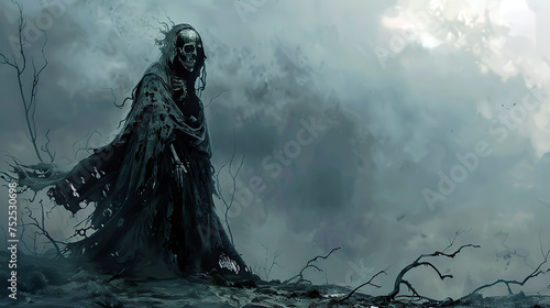 A spectral figure shrouded in a tattered cloak amidst a desolate landscape with bare trees, AI-generated.