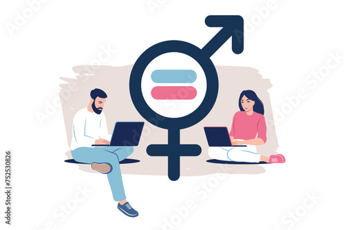 Gender equality concept. Men and women character on the scales for gender equality. Vector illustration. Flat.