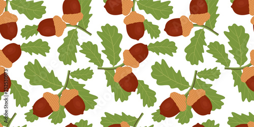 Seamless pattern with oak branches, green leaves and acorns. Forest and Autumn elements on white background. Colored cartoon repeated texture for fabric, wrapping, textile, wallpaper. Vector