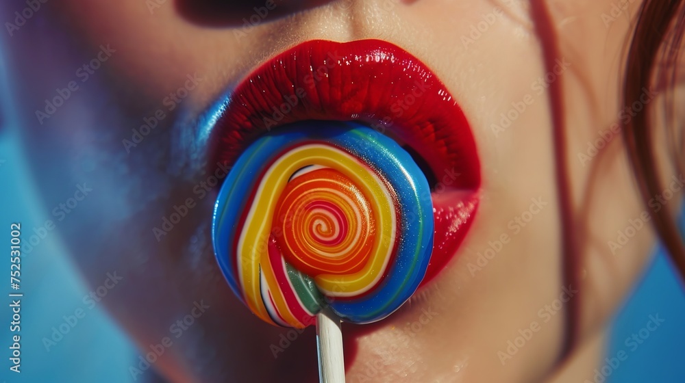 a ladies lips licking a round coloured lollypop - obrazy, fototapety, plakaty 