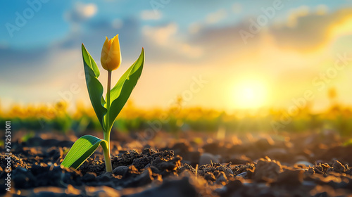 Young Tulip Sprout in Sunlit Field #752531011