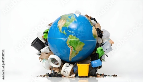 globe of the earth with trash over white background, concept of ecology problem and World Environment Day. Photo with message for social advertising, place for inscription created with generative ai.