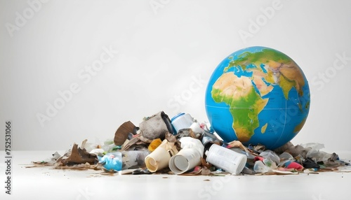 globe of the earth with trash over white background, concept of ecology problem and World Environment Day. Photo with message for social advertising, place for inscription created with generative ai.