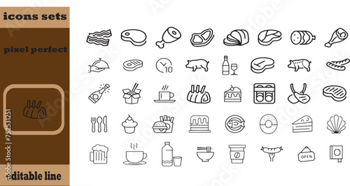Pork meats products, thin line icon set. Outline symbol collection. Editable vector stroke