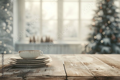 Empty wooden table with crockery on the background blurred winter holiday background.The background can be used for mounting or displaying your products