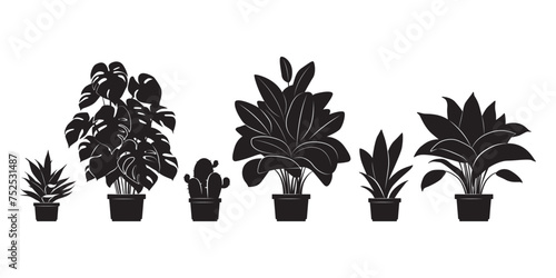 Collection silhouettes of houseplants in black color. Potted plants isolated on white. set green tropical plants. trendy home decor with indoor plants, planters, tropical leaves.