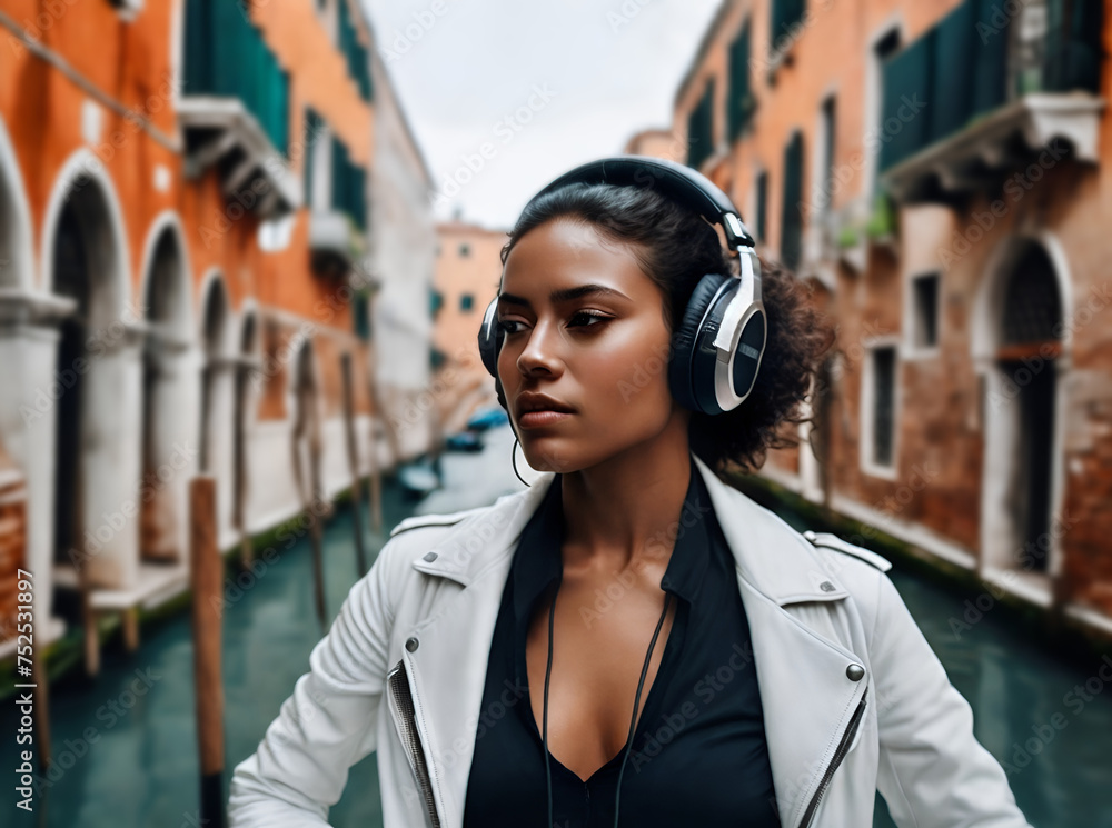 Woman with headphones in Venice Woman with headphones in Venice