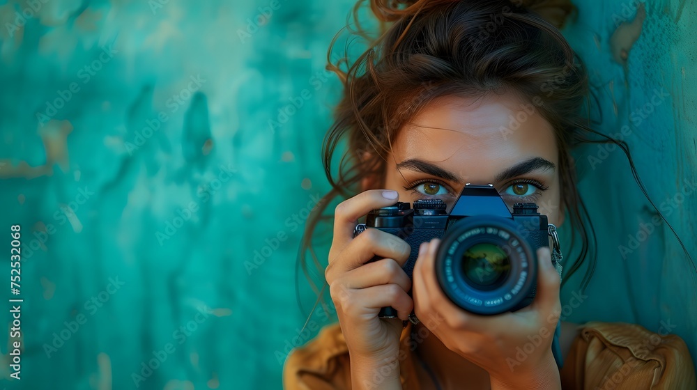 A woman with green eyes holds a camera in front of her face. A woman with green eyes holds a camera in front of her face.