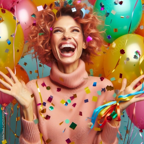 Exuberant woman laughing, surrounded by vibrant balloons and confetti, , April Fools' Day created with generative ai. photo