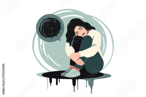Depressed woman sitting on floor. Mental health concept. Depression, bipolar disorder, obsessive compulsive, post traumatic stress disorder. Vector illustration.