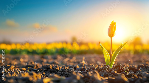 Young Tulip Sprout in Sunlit Field