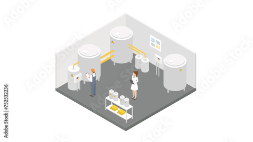 Vector isometric factory room. Industry plant inside. Tanks, industrial machinery, engineers concept.
