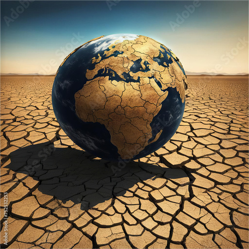 The surface of the globe of planet Earth is cracked from drought.