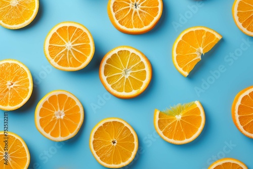 Flat lay pattern with summer citrus fruit on blue background. Minimal concept with sharp shadows. Trendy social mockup or wallpaper.
