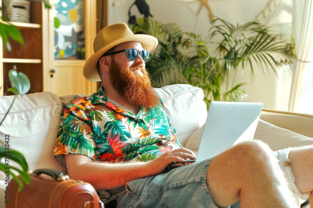 a happy young man with a red beard and a sun hat in a Hawaiian shirt and with a lifebuoy is sitting on a sofa in a bright living room and working on a computer; there is a suitcase next to him